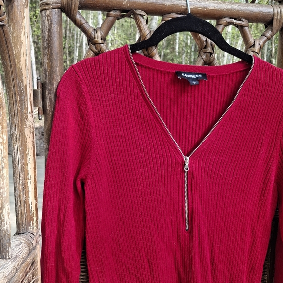 Express Sweaters - Express Red Ribbed Zip-Up Sweater